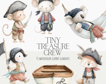 May include: Watercolor clipart elements featuring a pirate theme. Includes a monkey with a sword, a mouse, a koala in a hammock, a penguin with a flag, a fox, a rowboat, a pirate flag, a ship's wheel, and gold coins. Text reads "Tiny Treasure Crew".