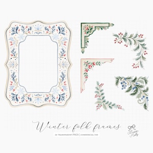Bring a  Nordic touch to your creative projects with this collection of 20+ watercolor Scandinavian Christmas folk frames. Inspired by traditional Swedish folk art, this bundle includes decorative winter frames, matching corners in a classic palette of Swedish red, evergreen, cream, and powder blue. Perfect for Christmas invitations, greeting cards, gift tags, holiday stationery, printable wall art, scrapbooking, stickers, and seasonal crafts. Ideal for both personal and commercial projects.