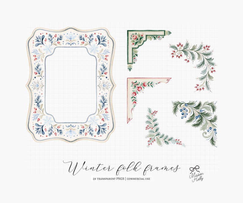 Bring a  Nordic touch to your creative projects with this collection of 20+ watercolor Scandinavian Christmas folk frames. Inspired by traditional Swedish folk art, this bundle includes decorative winter frames, matching corners in a classic palette of Swedish red, evergreen, cream, and powder blue. Perfect for Christmas invitations, greeting cards, gift tags, holiday stationery, printable wall art, scrapbooking, stickers, and seasonal crafts. Ideal for both personal and commercial projects.