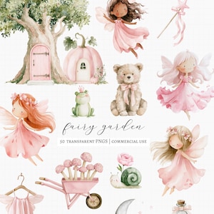 Peut inclure: Une collection numérique d'illustrations à l'aquarelle représentant des fées en robes roses, un arbre avec une porte rose, une maison citrouille rose, un ours en peluche, une grenouille, un escargot, une brouette avec des champignons et une baguette.