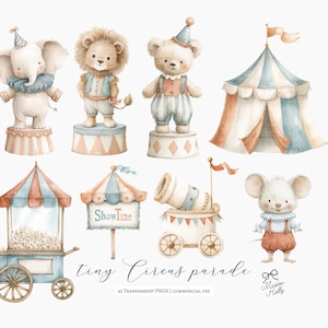 Bring a gentle carnival feeling to your designs with this Vintage Circus Parade Clipart Set — a collection of 45 watercolor-style illustrations featuring parade-ready circus animals and classic circus details. Everything comes as high-quality PNG files with transparent backgrounds, ready to drop into your project.

Use these illustrations for
• nursery wall art and children’s décor
• circus or carnival birthday invitations
• baby shower themes
• branding and small business packaging