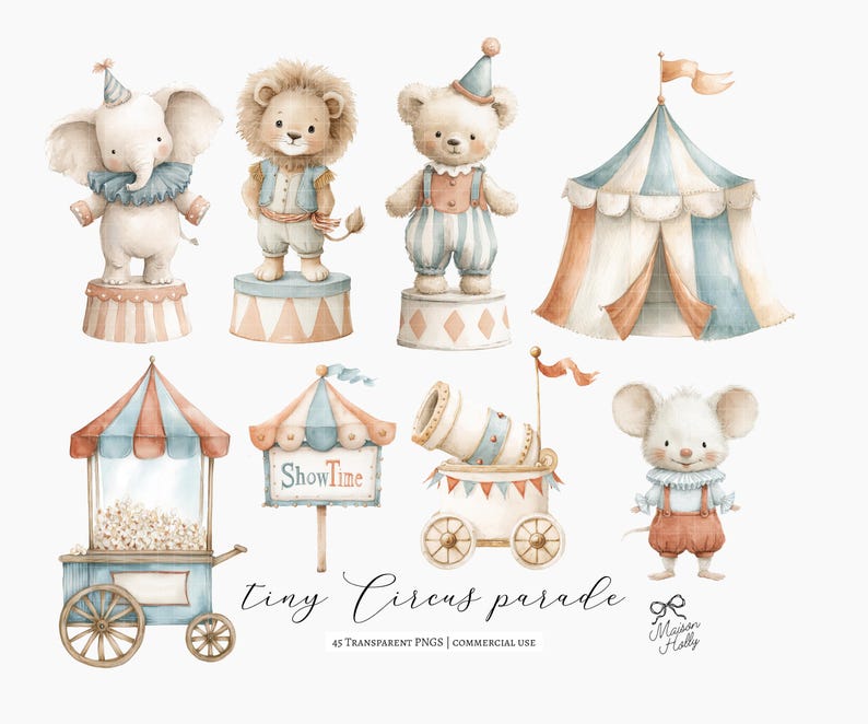 Bring a gentle carnival feeling to your designs with this Vintage Circus Parade Clipart Set — a collection of 45 watercolor-style illustrations featuring parade-ready circus animals and classic circus details. Everything comes as high-quality PNG files with transparent backgrounds, ready to drop into your project.

Use these illustrations for
• nursery wall art and children’s décor
• circus or carnival birthday invitations
• baby shower themes
• branding and small business packaging
