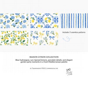 Maison Citron, a clipart collection inspired by Mediterranean garden parties, blue hydrangeas, sun-ripened lemons, elegant tea gatherings, and summer celebrations. This collection features citrus elements, floral accents, porcelain tableware, desserts, and bridal details. 

Perfect for bridal shower invitations, wedding stationery, tea party decor, summer event signage, greeting cards, scrapbook projects, branding, social media graphics, party decorations, and creative DIY projects.