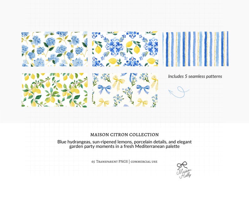 Maison Citron, a clipart collection inspired by Mediterranean garden parties, blue hydrangeas, sun-ripened lemons, elegant tea gatherings, and summer celebrations. This collection features citrus elements, floral accents, porcelain tableware, desserts, and bridal details. 

Perfect for bridal shower invitations, wedding stationery, tea party decor, summer event signage, greeting cards, scrapbook projects, branding, social media graphics, party decorations, and creative DIY projects.