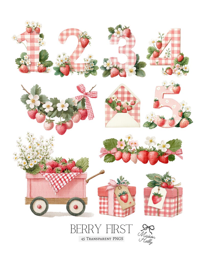 Bring a burst of berry Strawberry to your next project with this adorable Strawberry Clipart Set! This collection features 45 watercolor PNGs, perfect for baby showers, berry first birthdays, nursery decor, and playful crafts. Inside you’ll find blueberry animals, cute woodland friends, and plenty of whimsical berry details.  Each design comes as a high-resolution PNG with a transparent background, making it easy to use for invitations, party decor, scrapbooking, wall art, and more.