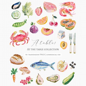 May include: A watercolour illustration of assorted food items, including seafood, fruits, and vegetables. The image features a crab, prawns, fish, and fruits such as strawberries, peaches, and cherries. Text reads "A table!" and "At the table collection".
