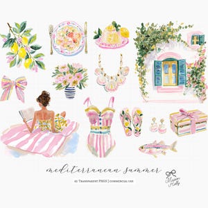 A collection of 60+ cliparts inspired by colorful Mediterranean summers, Amalfi Coast vacations, striped beach clubs, Italian seaside towns, resort fashion, travel postcards, citrus markets, and feminine coastal styling. this collection captures the feeling of a stylish summer holiday along the Italian coast.

Perfect for:
• Summer branding
• Travel stationery
• Scrapbooking & journaling
• Invitations & party decor
• Wrapping paper & fabric design
• Coastal boutique projects
• Summer packaging