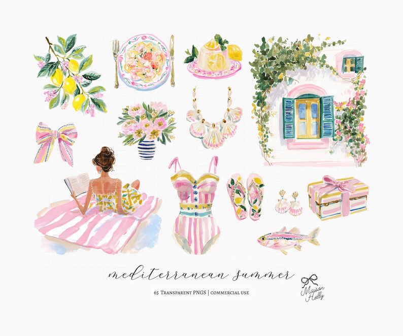 A collection of 60+ cliparts inspired by colorful Mediterranean summers, Amalfi Coast vacations, striped beach clubs, Italian seaside towns, resort fashion, travel postcards, citrus markets, and feminine coastal styling. this collection captures the feeling of a stylish summer holiday along the Italian coast.

Perfect for:
• Summer branding
• Travel stationery
• Scrapbooking & journaling
• Invitations & party decor
• Wrapping paper & fabric design
• Coastal boutique projects
• Summer packaging