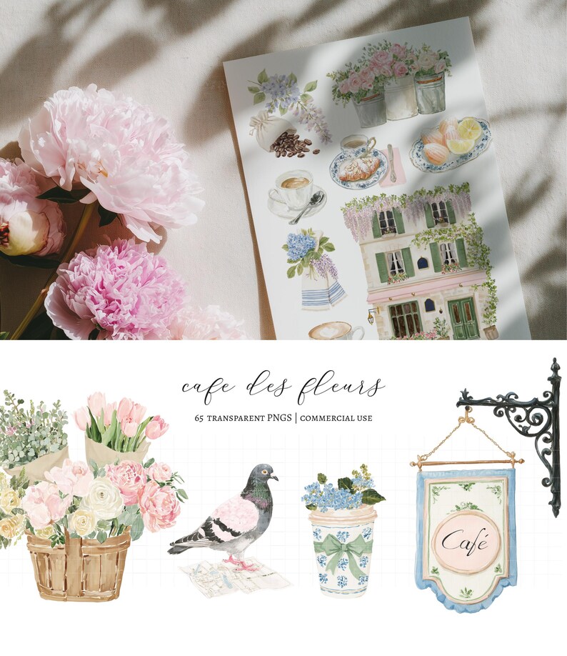 Bring the charm of a Parisian café to your next project with this collection of 60 watercolor coffee shop and floral cliparts.

Filled with elegant coffee drinks, French pastries, blooming flowers, café details, and bakery elements, this collection is perfect for wedding stationery, bridal showers, baby showers, brunch invitations, café branding, bakery menus, greeting cards, planners, stickers, wall art, and DIY creative projects.