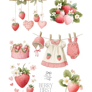 Bring a burst of berry Strawberry to your next project with this adorable Strawberry Clipart Set! This collection features 45 watercolor PNGs, perfect for baby showers, berry first birthdays, nursery decor, and playful crafts. Inside you’ll find blueberry animals, cute woodland friends, and plenty of whimsical berry details.  Each design comes as a high-resolution PNG with a transparent background, making it easy to use for invitations, party decor, scrapbooking, wall art, and more.