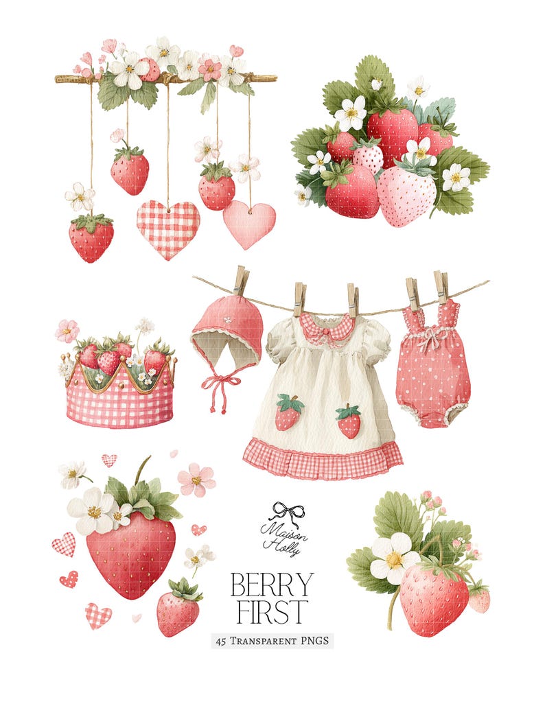 Bring a burst of berry Strawberry to your next project with this adorable Strawberry Clipart Set! This collection features 45 watercolor PNGs, perfect for baby showers, berry first birthdays, nursery decor, and playful crafts. Inside you’ll find blueberry animals, cute woodland friends, and plenty of whimsical berry details.  Each design comes as a high-resolution PNG with a transparent background, making it easy to use for invitations, party decor, scrapbooking, wall art, and more.