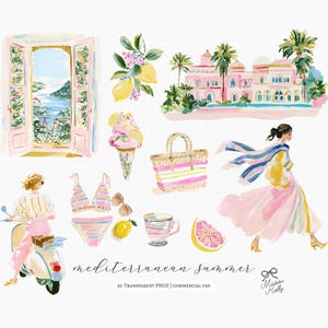A collection of 60+ cliparts inspired by colorful Mediterranean summers, Amalfi Coast vacations, striped beach clubs, Italian seaside towns, resort fashion, travel postcards, citrus markets, and feminine coastal styling. this collection captures the feeling of a stylish summer holiday along the Italian coast.

Perfect for:
• Summer branding
• Travel stationery
• Scrapbooking & journaling
• Invitations & party decor
• Wrapping paper & fabric design
• Coastal boutique projects
• Summer packaging