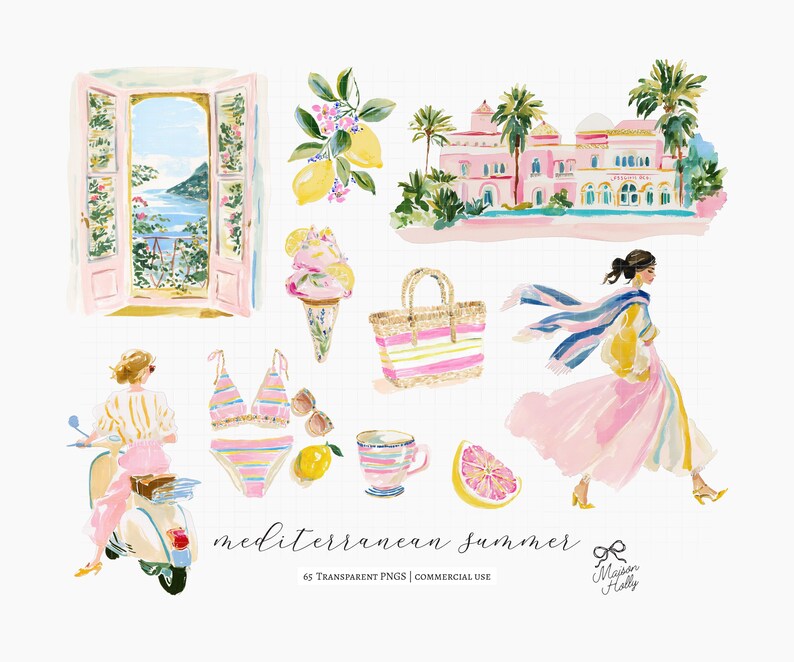 A collection of 60+ cliparts inspired by colorful Mediterranean summers, Amalfi Coast vacations, striped beach clubs, Italian seaside towns, resort fashion, travel postcards, citrus markets, and feminine coastal styling. this collection captures the feeling of a stylish summer holiday along the Italian coast.

Perfect for:
• Summer branding
• Travel stationery
• Scrapbooking & journaling
• Invitations & party decor
• Wrapping paper & fabric design
• Coastal boutique projects
• Summer packaging