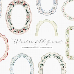 Può includere: Una collezione di cornici decorative con illustrazioni a tema invernale di agrifoglio, rami di pino e bacche. Il testo recita Winter folk frames 29 TRANSPARENT PNGS | COMMERCIAL USE. Queste cornici presentano varie forme ovali e smerlate.