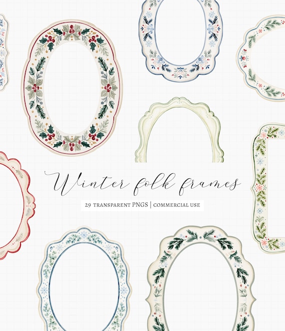 29 Christmas Frames Clipart, Scandinavian Folk Art, Watercolor Winter Frames, Nordic Holiday Borders, Winter Clipart Bundle
