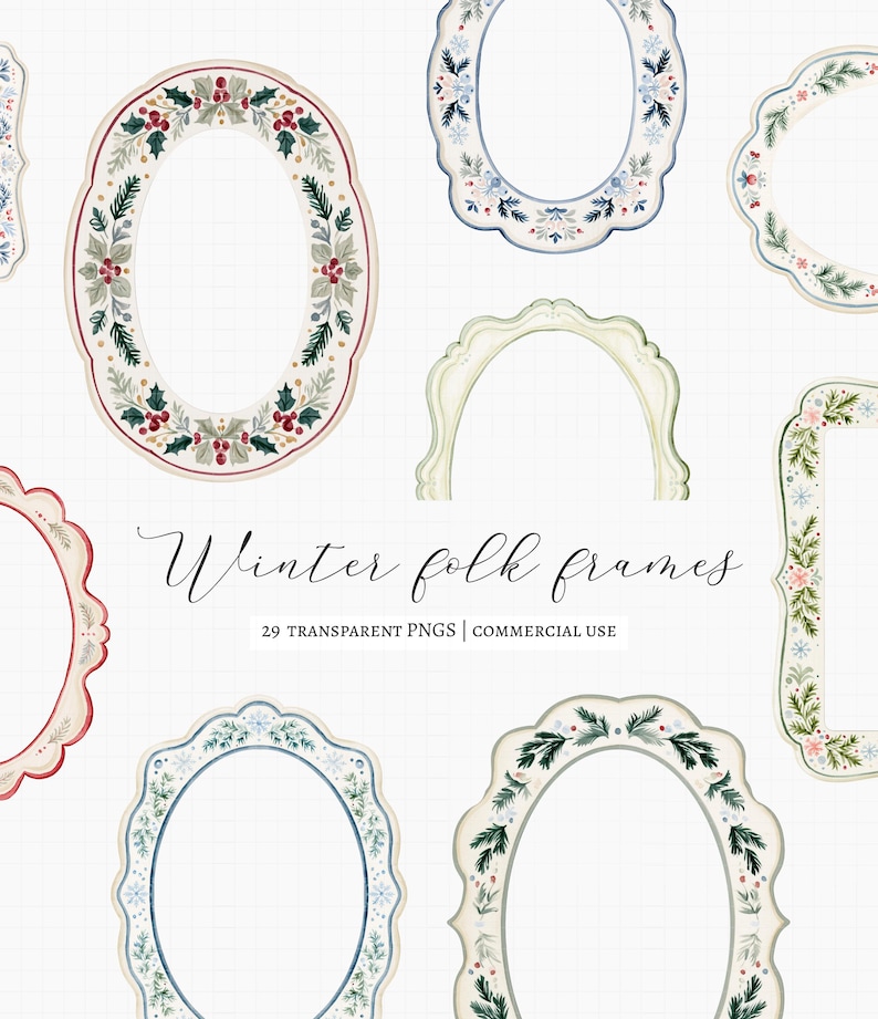 Bring a  Nordic touch to your creative projects with this collection of 20+ watercolor Scandinavian Christmas folk frames. Inspired by traditional Swedish folk art, this bundle includes decorative winter frames, matching corners in a classic palette of Swedish red, evergreen, cream, and powder blue. Perfect for Christmas invitations, greeting cards, gift tags, holiday stationery, printable wall art, scrapbooking, stickers, and seasonal crafts. Ideal for both personal and commercial projects.