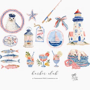 A collection of 55 coastal cliparts inspired by vintage fishing villages, seaside markets, striped harbor resorts, nautical paper goods, and relaxed summer life by the sea.

This collection blends fisherman aesthetic charm with soft editorial coastal styling, featuring sardines, lobster dinners, seafood market details, striped seaside elements, harbor objects, vintage nautical ephemera, ropes, sailboats, oysters, shells, postcards, and weathered dock textures.