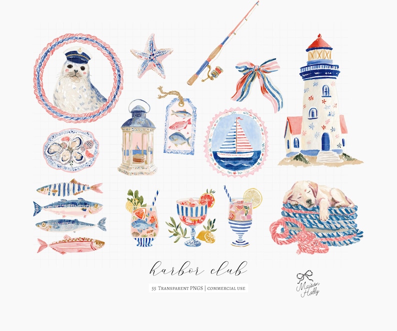A collection of 55 coastal cliparts inspired by vintage fishing villages, seaside markets, striped harbor resorts, nautical paper goods, and relaxed summer life by the sea.

This collection blends fisherman aesthetic charm with soft editorial coastal styling, featuring sardines, lobster dinners, seafood market details, striped seaside elements, harbor objects, vintage nautical ephemera, ropes, sailboats, oysters, shells, postcards, and weathered dock textures.
