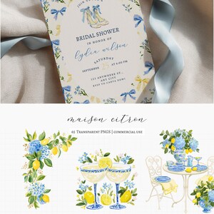 Maison Citron, a clipart collection inspired by Mediterranean garden parties, blue hydrangeas, sun-ripened lemons, elegant tea gatherings, and summer celebrations. This collection features citrus elements, floral accents, porcelain tableware, desserts, and bridal details. 

Perfect for bridal shower invitations, wedding stationery, tea party decor, summer event signage, greeting cards, scrapbook projects, branding, social media graphics, party decorations, and creative DIY projects.