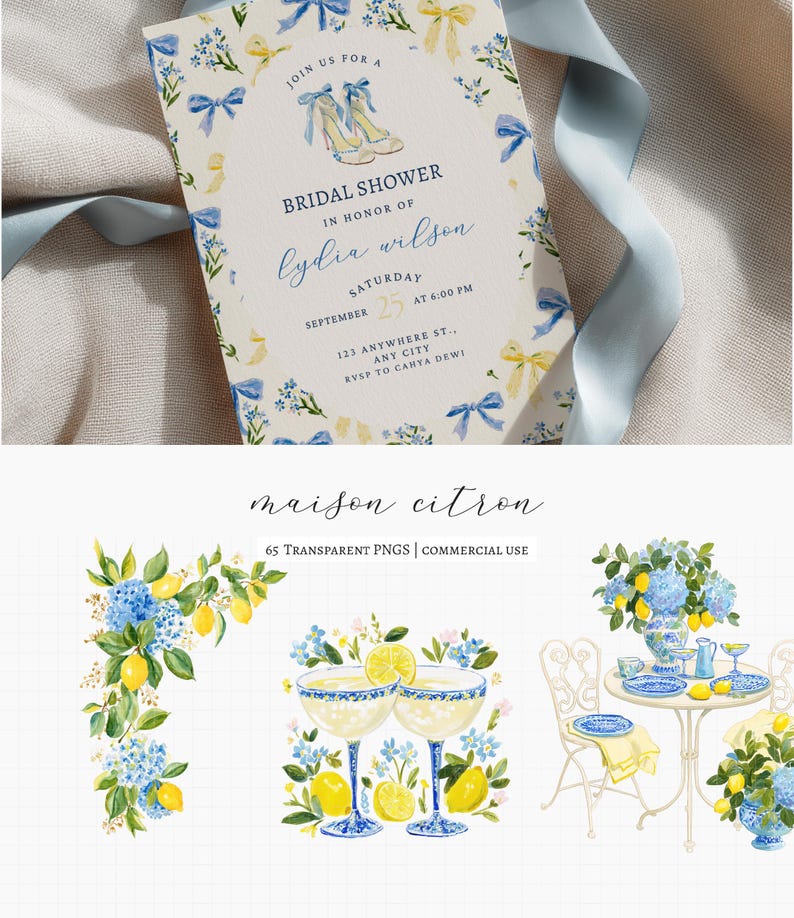 Maison Citron, a clipart collection inspired by Mediterranean garden parties, blue hydrangeas, sun-ripened lemons, elegant tea gatherings, and summer celebrations. This collection features citrus elements, floral accents, porcelain tableware, desserts, and bridal details. 

Perfect for bridal shower invitations, wedding stationery, tea party decor, summer event signage, greeting cards, scrapbook projects, branding, social media graphics, party decorations, and creative DIY projects.