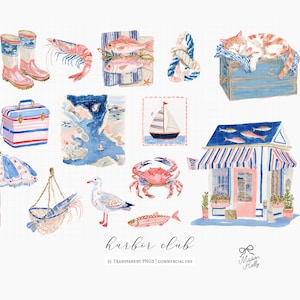 A collection of 55 coastal cliparts inspired by vintage fishing villages, seaside markets, striped harbor resorts, nautical paper goods, and relaxed summer life by the sea.

This collection blends fisherman aesthetic charm with soft editorial coastal styling, featuring sardines, lobster dinners, seafood market details, striped seaside elements, harbor objects, vintage nautical ephemera, ropes, sailboats, oysters, shells, postcards, and weathered dock textures.