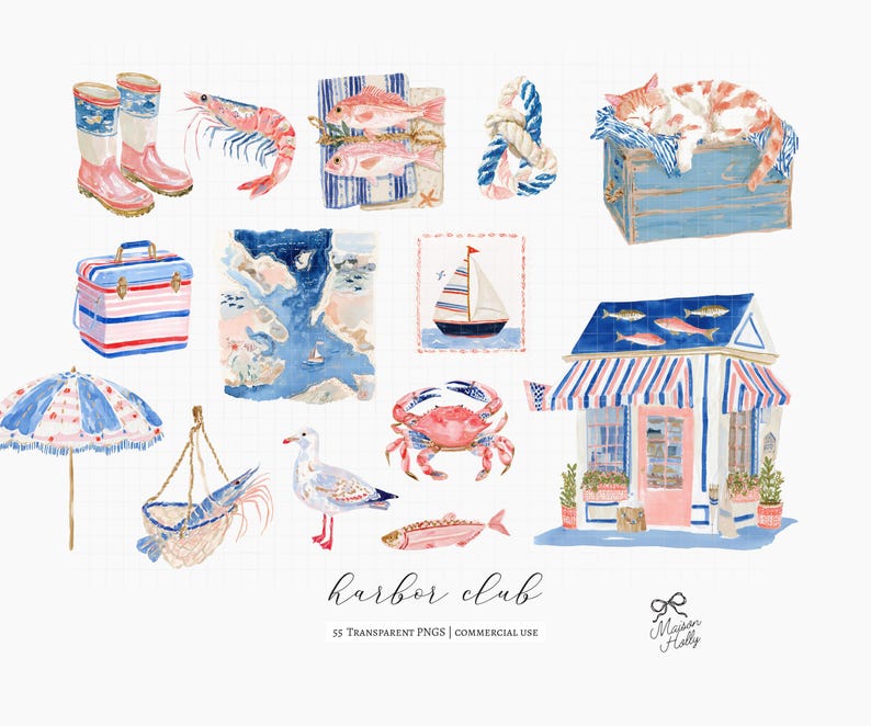 A collection of 55 coastal cliparts inspired by vintage fishing villages, seaside markets, striped harbor resorts, nautical paper goods, and relaxed summer life by the sea.

This collection blends fisherman aesthetic charm with soft editorial coastal styling, featuring sardines, lobster dinners, seafood market details, striped seaside elements, harbor objects, vintage nautical ephemera, ropes, sailboats, oysters, shells, postcards, and weathered dock textures.