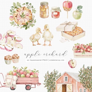 Könnte beinhalten: Eine Sammlung von Aquarellillustrationen zum Thema Apfelplantage, darunter ein Kuchen, Gläser mit Konfitüre, kandierte Äpfel, Entenküken, eine Kiste mit Äpfeln, Muffins, ein roter Wagen mit Äpfeln und eine Scheune mit dem Text apple orchard.
