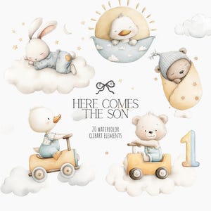 Pacchetto di 20 clipart acquerello "Here Comes the Son" - Animali per la cameretta del bambino, Primo viaggio intorno al mondo PNG, Clipart per baby shower, Compleanno del bambino