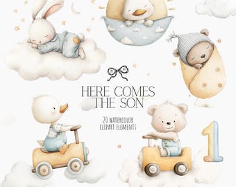 20 Here Comes the Son Watercolor Clipart Pack - Baby Boy Nursery Animals, First trip around the World PNG, Baby Shower Clipart, Birthday Boy