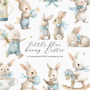 35 påskhare clipart set, baby blå kanin PNG, söt boho kanin barnrum, vårblommig påskhare, babyshower-kanin clipart