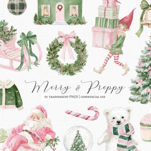 70 imágenes prediseñadas navideñas estilo preppy en acuarela, PNG navideño en rosa y verde, Papá Noel, Cascanueces, Pan de jengibre, Lazos y Personajes navideños