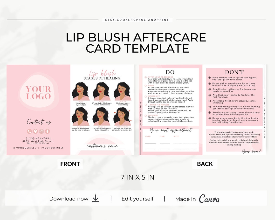 PMU Lip Blush Aftercare Permanent Makeup Instructions Card Etsy