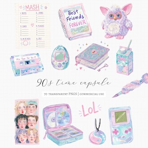 Bring back the magic of the late 90s with this nostalgic clipart bundle inspired by childhood memories, school days, mall culture, summer fun, and early internet life. Filled with retro toys, fashion accessories, stationery, keepsakes, and iconic 90s-inspired graphics, this collection is perfect for stickers, scrapbooking, planners, invitations, party decor, sublimation, and creative DIY projects.