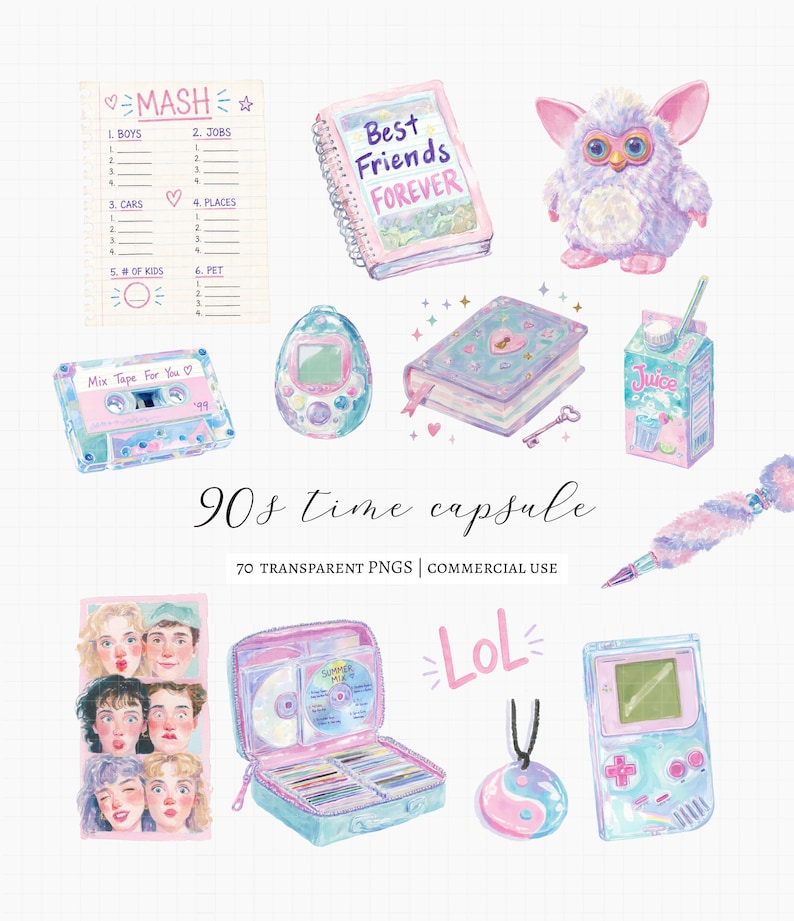 Bring back the magic of the late 90s with this nostalgic clipart bundle inspired by childhood memories, school days, mall culture, summer fun, and early internet life. Filled with retro toys, fashion accessories, stationery, keepsakes, and iconic 90s-inspired graphics, this collection is perfect for stickers, scrapbooking, planners, invitations, party decor, sublimation, and creative DIY projects.