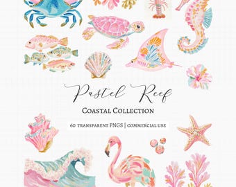Puede incluir: Ilustraciones en acuarela de vida marina y elementos costeros en colores pastel. Incluye un cangrejo azul, una tortuga marina rosa, un caballito de mar, peces, una concha y un flamenco. El texto dice "Pastel Reef Coastal Collection".