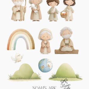 K&ouml;nnte beinhalten: Aquarellillustrationen zum Thema Arche Noah. Das Bild enth&auml;lt Cartoonfiguren von Menschen, einen Regenbogen, eine Taube, einen Globus und gr&uuml;ne H&uuml;gel. Die Figuren sind in beige und braune Roben gekleidet. Der Text "NOAH'S ARK" steht unten.