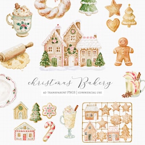 Könnte beinhalten: Eine Sammlung von Aquarellillustrationen mit weihnachtlichen Backwaren, darunter ein Lebkuchenhaus, Plätzchen, ein Kranz, ein Nudelholz, Tassen mit Sahne und Zuckerstangen. Der Text lautet Christmas Bakery 40 TRANSPARENT PNGS.