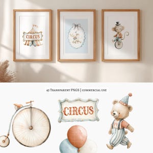 Bring a gentle carnival feeling to your designs with this Vintage Circus Parade Clipart Set — a collection of 45 watercolor-style illustrations featuring parade-ready circus animals and classic circus details. Everything comes as high-quality PNG files with transparent backgrounds, ready to drop into your project.

Use these illustrations for
• nursery wall art and children’s décor
• circus or carnival birthday invitations
• baby shower themes
• branding and small business packaging