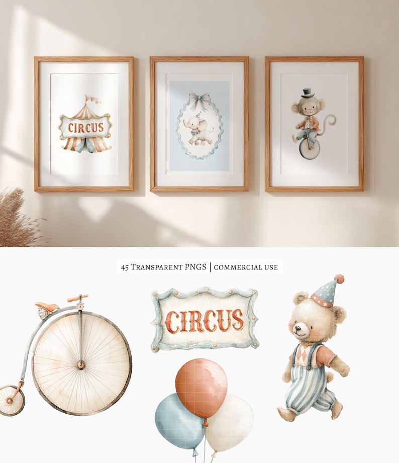 Bring a gentle carnival feeling to your designs with this Vintage Circus Parade Clipart Set — a collection of 45 watercolor-style illustrations featuring parade-ready circus animals and classic circus details. Everything comes as high-quality PNG files with transparent backgrounds, ready to drop into your project.

Use these illustrations for
• nursery wall art and children’s décor
• circus or carnival birthday invitations
• baby shower themes
• branding and small business packaging