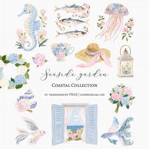 May include: Watercolor illustrations of a seaside garden theme. The image includes a seahorse, fish, jellyfish, teacup, hat, lantern, and window. The color palette features soft blues, pinks, and greens, with floral accents. The text reads "Seaside Garden" and "Coastal Collection".