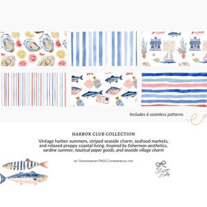 A collection of 55 coastal cliparts inspired by vintage fishing villages, seaside markets, striped harbor resorts, nautical paper goods, and relaxed summer life by the sea.

This collection blends fisherman aesthetic charm with soft editorial coastal styling, featuring sardines, lobster dinners, seafood market details, striped seaside elements, harbor objects, vintage nautical ephemera, ropes, sailboats, oysters, shells, postcards, and weathered dock textures.