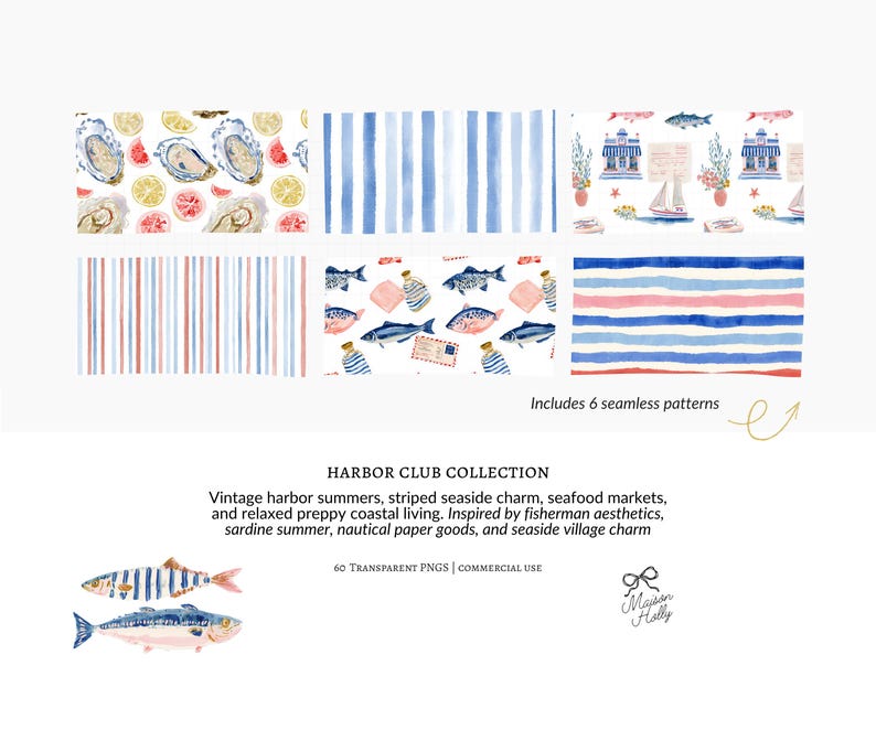 A collection of 55 coastal cliparts inspired by vintage fishing villages, seaside markets, striped harbor resorts, nautical paper goods, and relaxed summer life by the sea.

This collection blends fisherman aesthetic charm with soft editorial coastal styling, featuring sardines, lobster dinners, seafood market details, striped seaside elements, harbor objects, vintage nautical ephemera, ropes, sailboats, oysters, shells, postcards, and weathered dock textures.