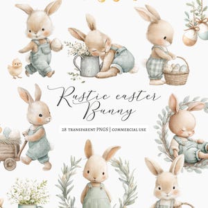 May include: Watercolor illustrations of adorable bunnies in overalls, with Easter eggs, chicks, and floral elements. The text reads "Rustic Easter Bunny" with details about transparent PNGs and commercial use.