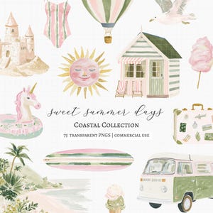 May include: A collection of watercolour illustrations featuring a sandcastle, striped swimsuit, hot air balloon, seagull, sun, beach hut, candy floss, unicorn float, suitcase, surfboard, coastal landscape, ice cream, and van with text sweet summer days.
