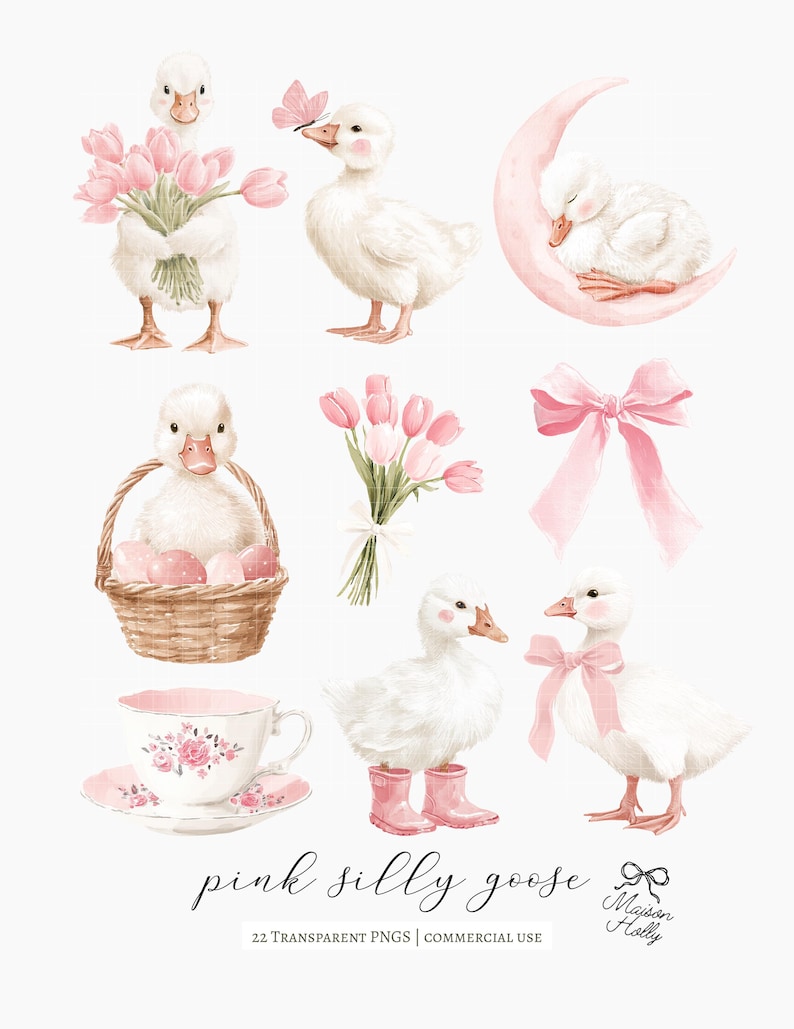 22 Watercolor Silly Goose Clipart Set, Pink Gosling PNG, Baby Girl ...