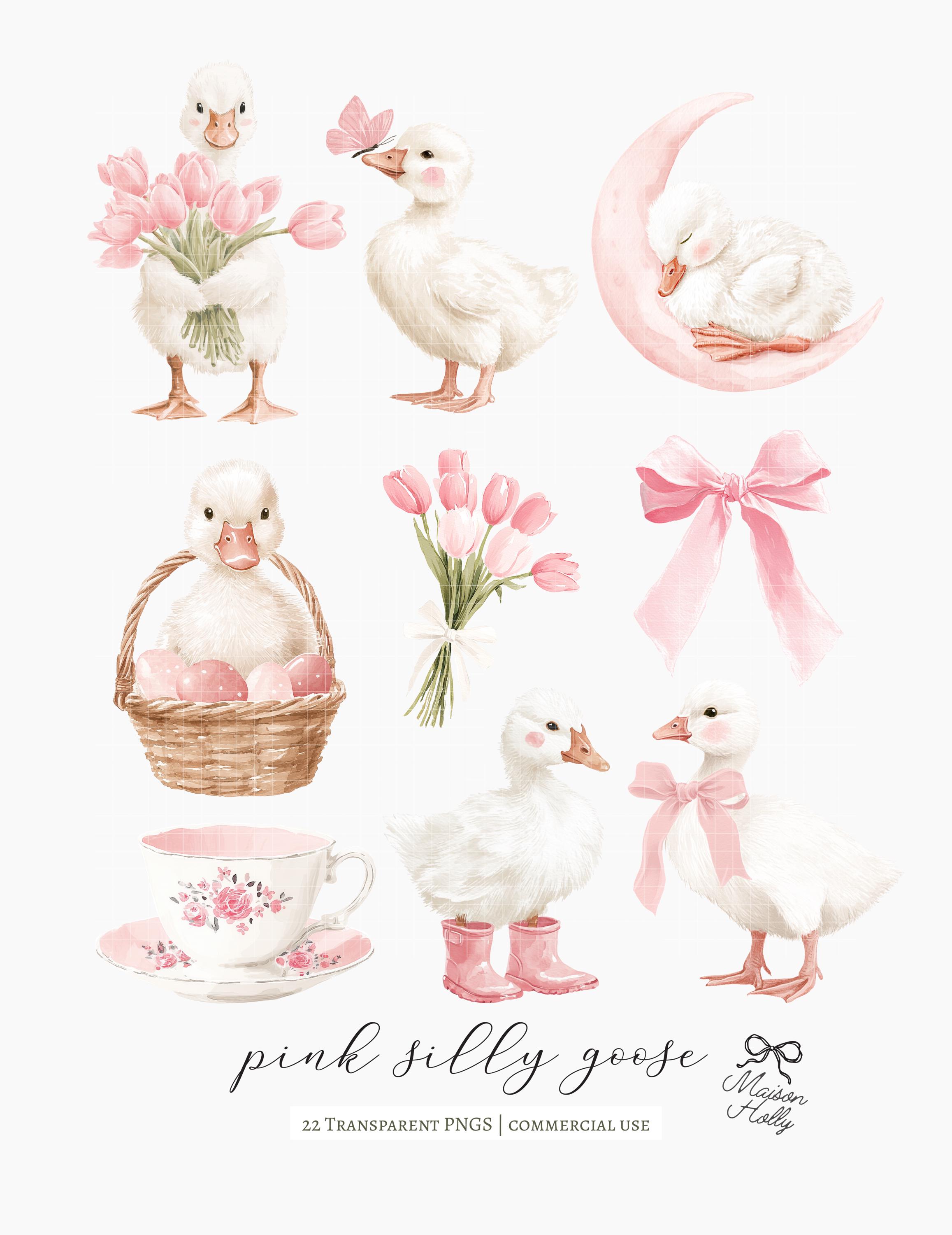 22 Watercolor Silly Goose Clipart Set, Pink Gosling PNG, Baby Girl ...