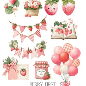 Bring a burst of berry Strawberry to your next project with this adorable Strawberry Clipart Set! This collection features 45 watercolor PNGs, perfect for baby showers, berry first birthdays, nursery decor, and playful crafts. Inside you’ll find blueberry animals, cute woodland friends, and plenty of whimsical berry details.  Each design comes as a high-resolution PNG with a transparent background, making it easy to use for invitations, party decor, scrapbooking, wall art, and more.