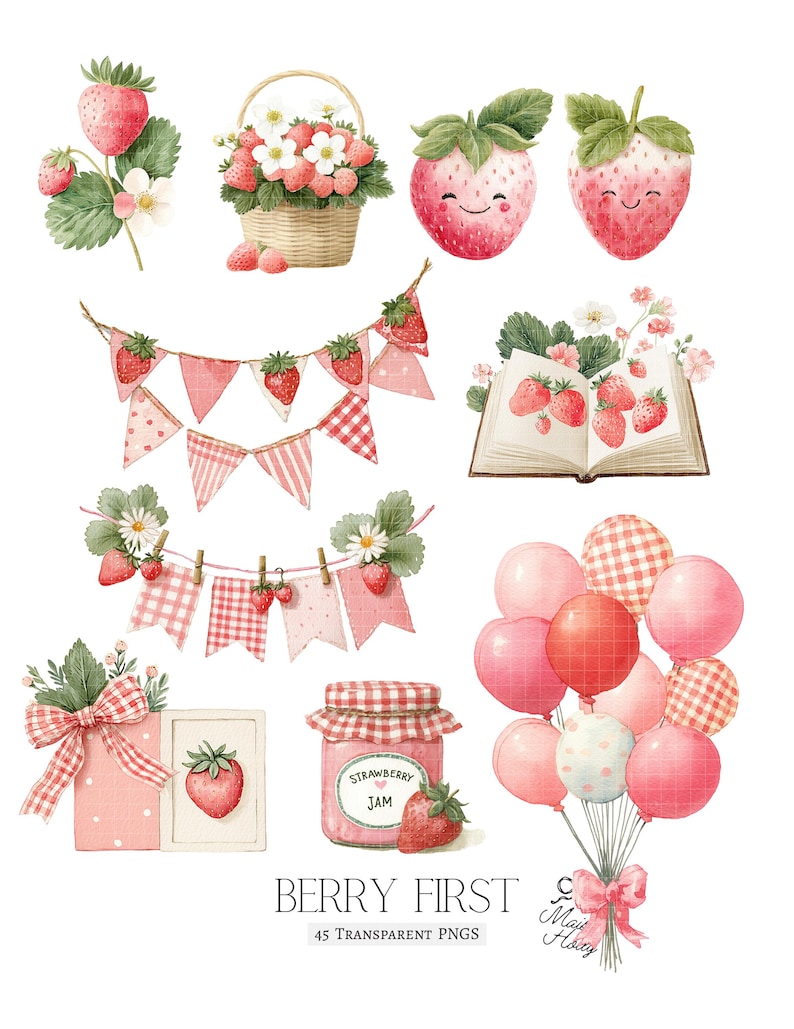 Bring a burst of berry Strawberry to your next project with this adorable Strawberry Clipart Set! This collection features 45 watercolor PNGs, perfect for baby showers, berry first birthdays, nursery decor, and playful crafts. Inside you’ll find blueberry animals, cute woodland friends, and plenty of whimsical berry details.  Each design comes as a high-resolution PNG with a transparent background, making it easy to use for invitations, party decor, scrapbooking, wall art, and more.