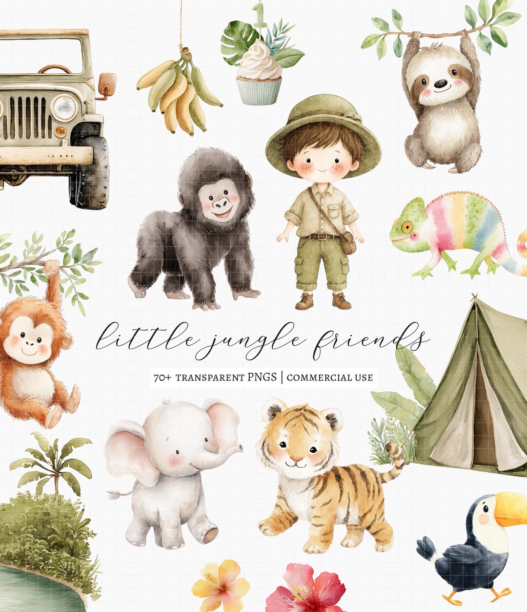 70+ Watercolor Jungle Clipart Bundle, Cute Jungle Animals PNG, Safari ...