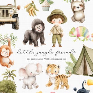 May include: A collection of watercolor illustrations featuring a beige jeep, bananas, a cupcake, a sloth, a gorilla, a child in a safari outfit, a chameleon, a monkey, an elephant, a tiger, a tent, flowers, and a toucan with text little jungle friends.